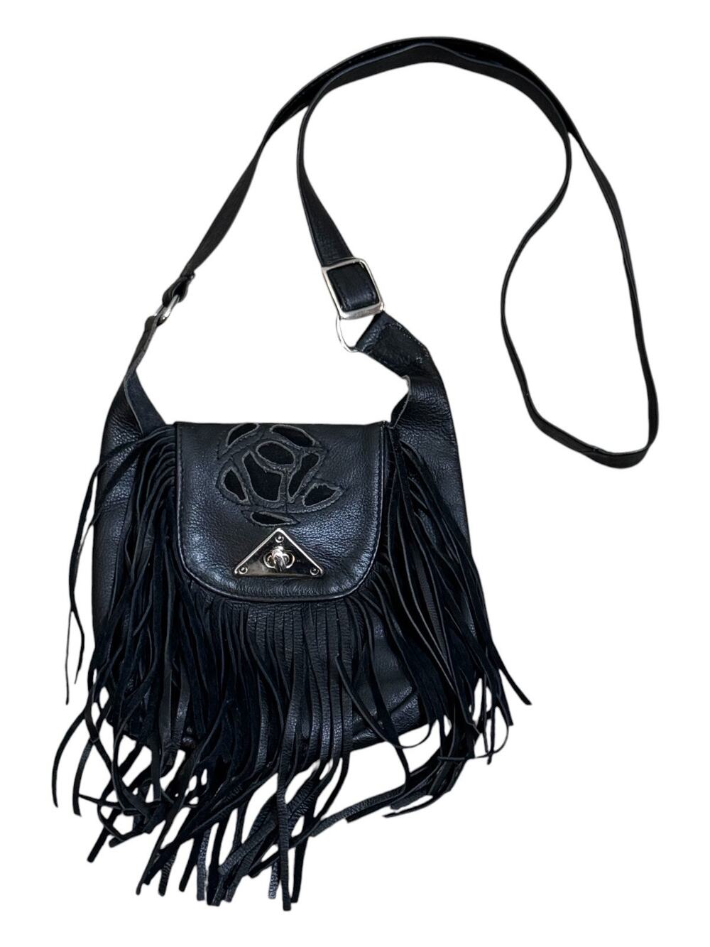 Black Leather Rose Suede Inlay Convertible Crossbody Waist Bag Purse Vintage